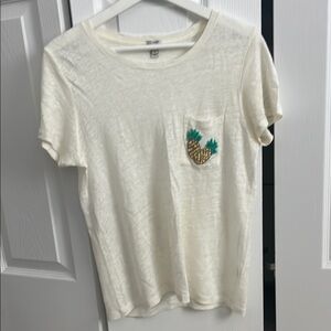 JCrew Linen Cream T-Shirt with Pineapple Embroidery